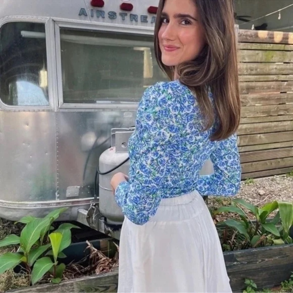 NWT Zara Blue White Floral Cotton Long Sleeve Top XS Garden Party - Picture 14 of 15
